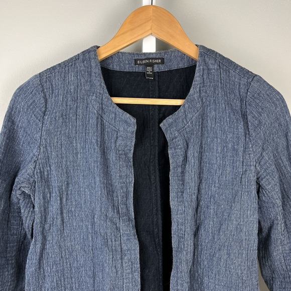 Eileen Fisher Open Front Jacket Womens XXS Blue Cotton Linen Topper Textured - Picture 2 of 6
